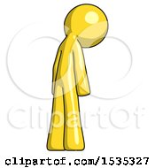 Yellow Design Mascot Man Depressed With Head Down Back To Viewer Right