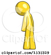Poster, Art Print Of Yellow Design Mascot Man Depressed With Head Down Back To Viewer Left