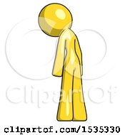 Poster, Art Print Of Yellow Design Mascot Woman Depressed With Head Down Back To Viewer Left