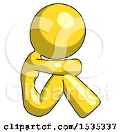 Yellow Design Mascot Woman Sitting With Head Down Facing Sideways Right
