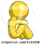 Yellow Design Mascot Man Sitting With Head Down Back View Facing Right