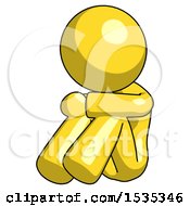 Yellow Design Mascot Woman Sitting With Head Down Facing Angle Left