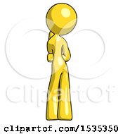 Yellow Design Mascot Woman Thinking Wondering Or Pondering Rear View