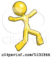 Poster, Art Print Of Yellow Design Mascot Woman Running Away In Hysterical Panic Direction Right