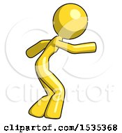 Yellow Design Mascot Woman Sneaking While Reaching For Something