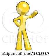Poster, Art Print Of Yellow Design Mascot Man Waving Left Arm With Hand On Hip