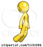 Poster, Art Print Of Yellow Design Mascot Woman Floating Through Air Right
