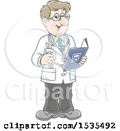 Clipart Of A Friendly White Male Doctor Holding A Folder And Talking Royalty Free Vector Illustration by Alex Bannykh