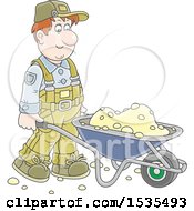 Clipart Of A Caucasian Male Worker Pushing A Wheelbarrow Royalty Free Vector Illustration