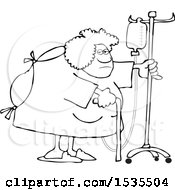 Clipart Of A Cartoon Lineart Hospitalized Woman Walking Around With An Intravenous Drip Line Royalty Free Vector Illustration by djart