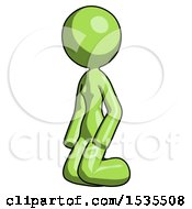 Green Design Mascot Woman Kneeling Angle View Left