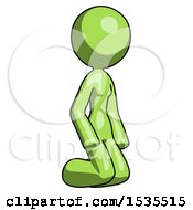 Green Design Mascot Woman Kneeling Angle View Right