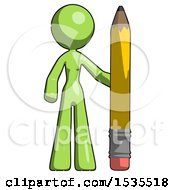 Poster, Art Print Of Green Design Mascot Woman With Large Pencil Standing Ready To Write