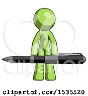 Poster, Art Print Of Green Design Mascot Man Weightlifting A Giant Pen