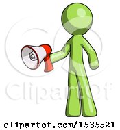 Poster, Art Print Of Green Design Mascot Man Holding Megaphone Bullhorn Facing Right