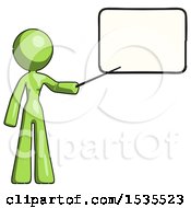 Green Design Mascot Woman Pointing At Dry-Erase Board With Stick Giving Presentation