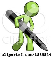 Green Design Mascot Woman Writing With A Huge Pen