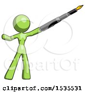 Green Design Mascot Woman Pen Is Mightier Than The Sword Calligraphy Pose
