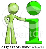 Poster, Art Print Of Green Design Mascot Woman With Info Symbol Leaning Up Against It