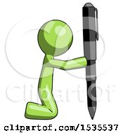 Green Design Mascot Man Posing With Giant Pen In Powerful Yet Awkward Manner