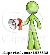 Poster, Art Print Of Green Design Mascot Woman Holding Megaphone Bullhorn Facing Right