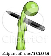 Green Design Mascot Man Impaled Through Chest With Giant Pen