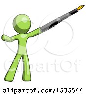 Green Design Mascot Man Pen Is Mightier Than The Sword Calligraphy Pose