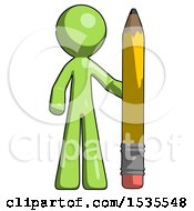 Poster, Art Print Of Green Design Mascot Man With Large Pencil Standing Ready To Write