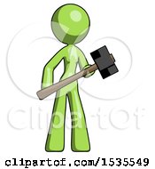 Poster, Art Print Of Green Design Mascot Woman With Sledgehammer Standing Ready To Work Or Defend