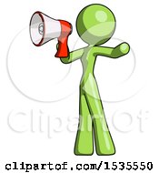 Poster, Art Print Of Green Design Mascot Woman Shouting Into Megaphone Bullhorn Facing Left