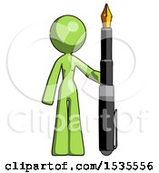 Green Design Mascot Woman Holding Giant Calligraphy Pen