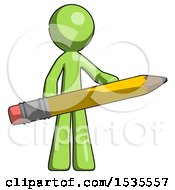 Poster, Art Print Of Green Design Mascot Man Writer Or Blogger Holding Large Pencil