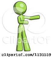 Green Design Mascot Woman Presenting Something To Her Left