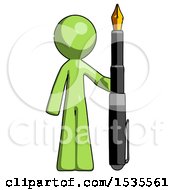 Green Design Mascot Man Holding Giant Calligraphy Pen