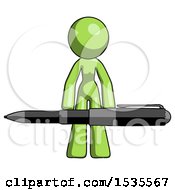 Poster, Art Print Of Green Design Mascot Woman Lifting A Giant Pen Like Weights