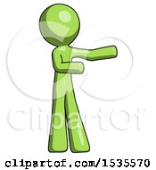 Green Design Mascot Man Presenting Something To His Left
