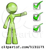 Poster, Art Print Of Green Design Mascot Woman Standing By A Checkmark List Arm Extended