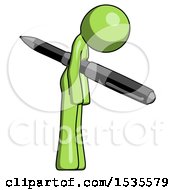 Green Design Mascot Woman Impaled Through Chest With Giant Pen