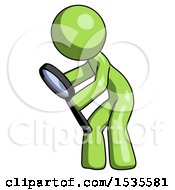 Poster, Art Print Of Green Design Mascot Man Inspecting With Large Magnifying Glass Left