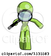 Green Design Mascot Woman Looking Down Through Magnifying Glass