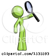 Poster, Art Print Of Green Design Mascot Woman Inspecting With Large Magnifying Glass Facing Up