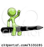 Green Design Mascot Woman Riding A Pen Like A Giant Rocket
