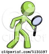 Poster, Art Print Of Green Design Mascot Woman Inspecting With Large Magnifying Glass Right