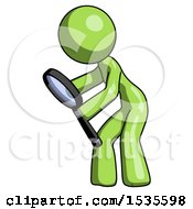 Poster, Art Print Of Green Design Mascot Woman Inspecting With Large Magnifying Glass Left