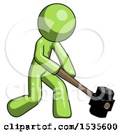 Poster, Art Print Of Green Design Mascot Man Hitting With Sledgehammer Or Smashing Something At Angle