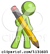 Green Design Mascot Man Writing With Large Pencil