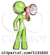 Green Design Mascot Woman Shouting Into Megaphone Bullhorn Facing Right
