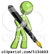 Green Design Mascot Woman Drawing Or Writing With Large Calligraphy Pen