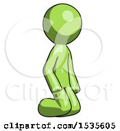 Green Design Mascot Man Kneeling Angle View Right