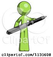 Green Design Mascot Man Posing Confidently With Giant Pen